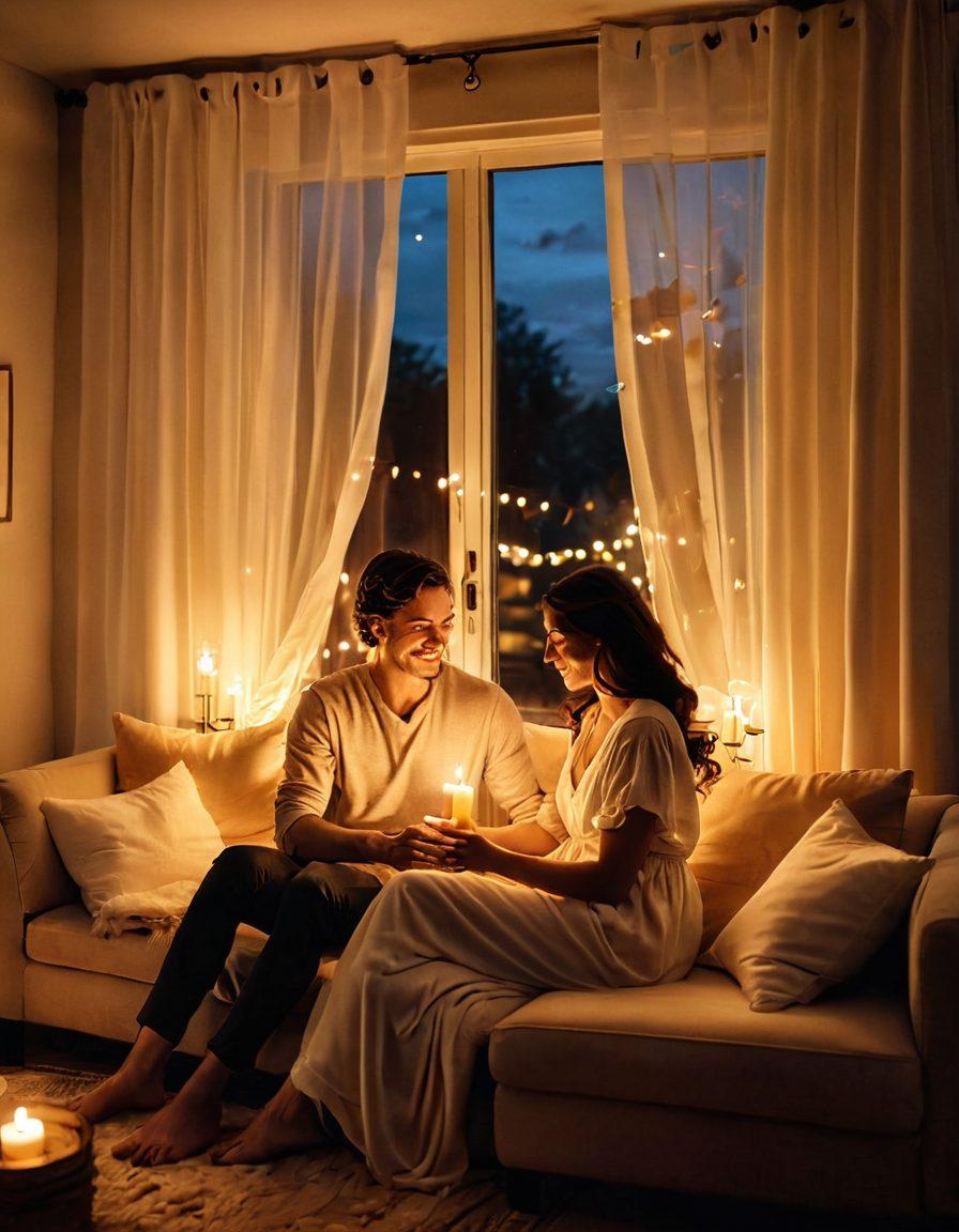 A warm, cozy room illuminated by soft candlelight, featuring a couple sitting closely on a plush sofa, sharing a quiet moment. Surrounding them are symbols of intimacy: intertwined hands, a heart-shaped decor, and a gentle breeze rustling the curtains. The atmosphere exudes love and connection, with hints of laughter and tenderness in the air. super-realistic. warm tones. soft focus.