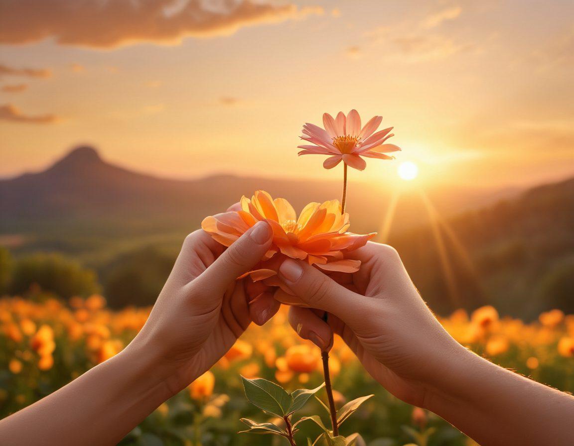 A serene scene depicting two hands gently holding a blooming flower, symbolizing nurturing and devotion. In the background, a warm sunset casts golden hues over a peaceful landscape, signifying companionship and warmth. The atmosphere is filled with soft, glowing light to enhance feelings of love and care. super-realistic. vibrant colors. soft focus.