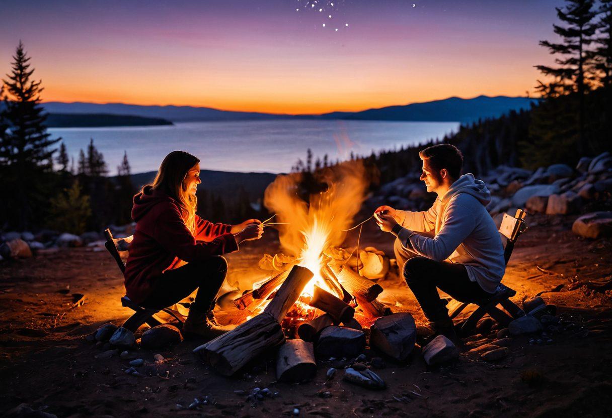A warm, glowing campfire surrounded by two intertwined hands symbolizing connection, with soft flickering flames that resemble hearts. The scene is set in a cozy, intimate environment at twilight, where the light gently illuminates the faces of a couple in love, showcasing their deep emotional bond. Add twinkling stars in the night sky above to symbolize endless possibilities in relationships. super-realistic. warm colors. soft focus.